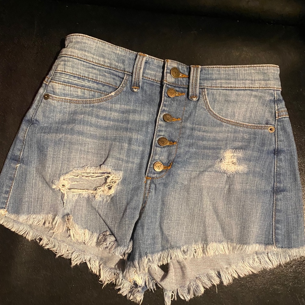 Guess blue denim high waisted shorts with button fly and distressing
